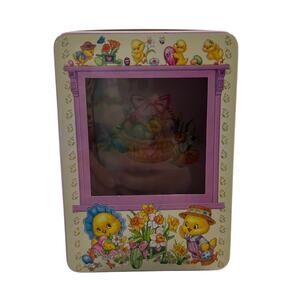 Vintage Easter Basket Floral Chicks Eggs Decorative Tin W Window Unmarked